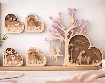 Mom Heart Shadow Box Laser Cut Wooden Heart SVG, Layered Heart SVG, Mother's Day Laser Cut File, Gift for Mom, Mothers Day svg, Home Decor