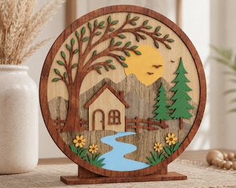Layered Woodland Cabin Laser Cut File, Round Nature Scene SVG, Forest Landscape Wall Decor, Forest Scene, Wildlife Landscape, Tabletop Sign