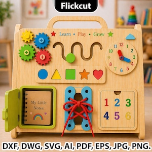 May include: Wooden educational toy with various interactive elements. Features gears, shapes, a clock, numbers, and a small notebook with the text "My Little Notes". Includes the text "Learn • Play • Grow".