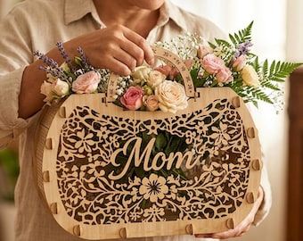 Mother’s Day Flower Basket Laser Cut File, Mother's Day Gift, Decorative Wooden Basket, Mom Flower Gift SVG, 3D Gift box, Digital Download