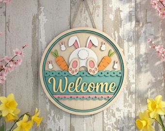 Easter Bunny Welcome Sign SVG, Layered Round Door Hanger File, Spring decor svg Layered Wood Easter Decor Laser Cut File, (Digital Download)