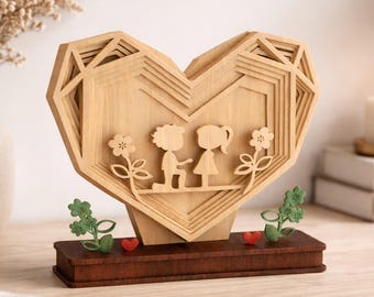 May include: A wooden heart-shaped sculpture with a layered design. The sculpture features a couple, flowers, and hearts. The base is a dark brown rectangle. The text "Flickcut" is at the top, and file formats are listed at the bottom.