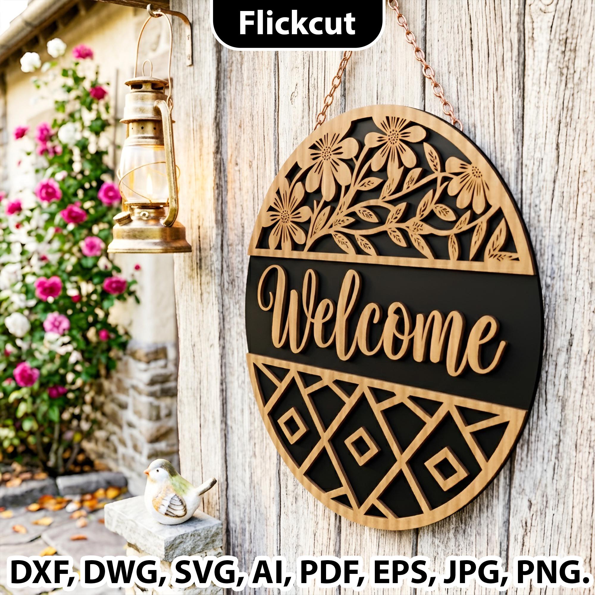 Welcome Sign SVG, Layered Round Door Hanger Laser Cut File, Round Door ...