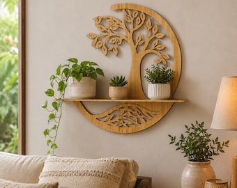 Tree of Life Wall Shelf SVG, Laser Cut Plant Shelf, Wooden Wall Decor, minimalist home decor svg, indoor planter, wall decor laser cut file