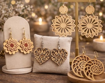 Laser Cut Wooden Earrings SVG Bundle, Mandala Floral Heart DXF Templates (Digital Download)