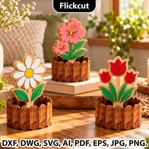 3D Flower Planter Laser Cut File, Laser Cut Wooden Flowers and Vase SVG Bundle  Wooden Fence Pot SVG, Wooden Table Decor, Digital Download