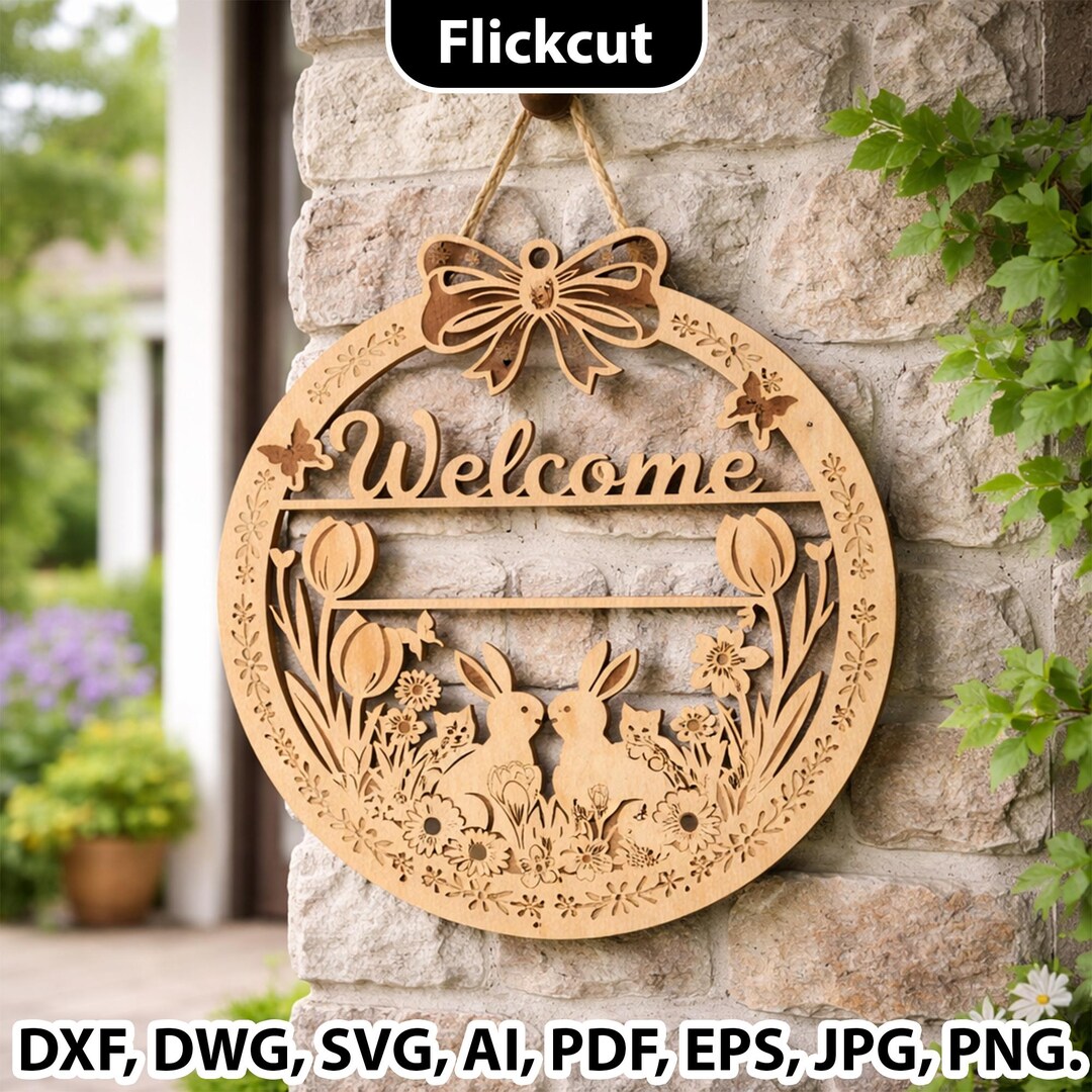 Easter Bunny Welcome Sign SVG Laser Cut Files, Round Door Hanger Svg ...