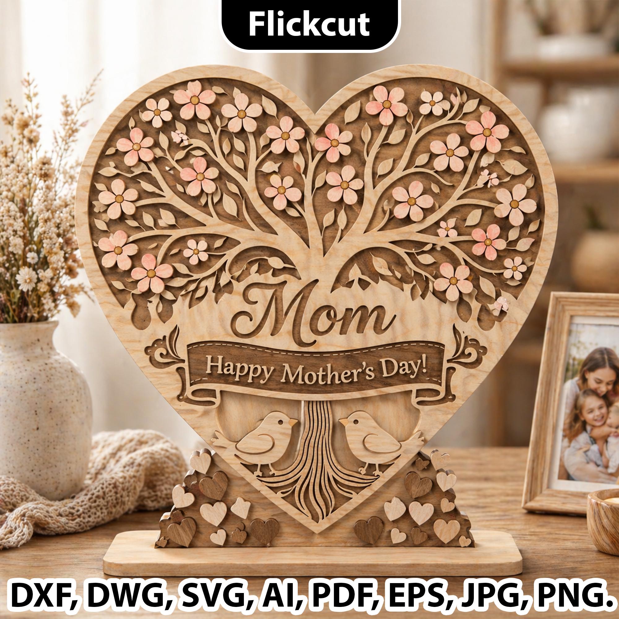 Mother's Day Tree Heart SVG Laser Cut File, Mother's Day Heart