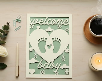 Welcome Baby Card SVG, Heart Footprint Laser Cut Template Newborn Gift, Baby Shower Gift, Glowforge File (Digital Download)