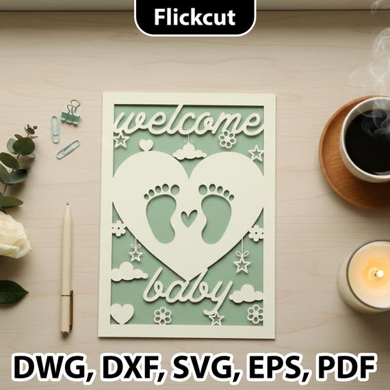 Welcome Baby Card SVG, Heart Footprint Laser Cut Template Newborn Gift, Baby Shower Gift, Glowforge File (Digital Download)