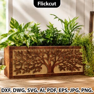 May include: A rectangular wooden planter box featuring a carved tree design on the front panel. The planter contains various green houseplants, including a pothos and a fern. The text Flickcut is visible at the top, with file formats listed below.
