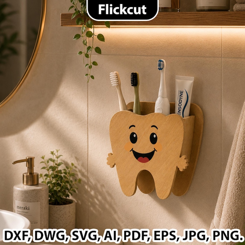 Toothpaste Dxf Cute Toothbrush Holder SVG, Tooth Shaped Bathroom Organizer Laser Cut ...
