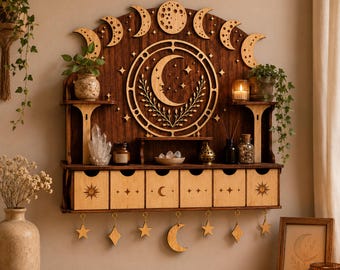 May include: A dark wood wall-mounted shelf featuring a central moon and star motif, two side platforms, and six drawers with celestial engravings. The unit includes hanging star and moon ornaments, with the text Flickcut displayed at the top.