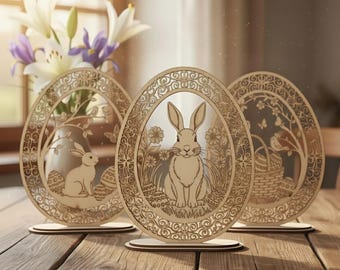 May include: Three wooden Easter egg decorations with intricate laser-cut designs. Each egg features a different scene: a rabbit, flowers, and a basket. The eggs are on wooden stands. The image includes the text "Flickcut" and file type options.