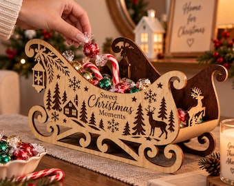 Christmas Santa Sleigh Laser Cut File SVG, Wooden Santa Sleigh Candy Holder, Christmas Treat Box SVG, Holiday Table Decor, Glowforge xTool