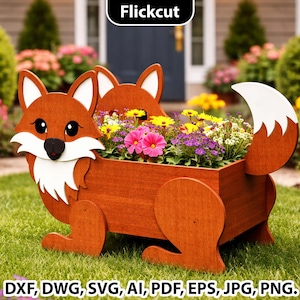 May include: A wooden fox-shaped planter filled with colorful flowers. The planter is made of stained wood and features a fox face, ears, and tail. The text "Flickcut" is at the top, and "DXF, DWG, SVG, AI, PDF, EPS, JPG, PNG" is at the bottom.