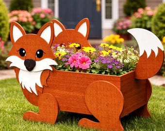 May include: A wooden fox-shaped planter filled with colorful flowers. The planter is made of stained wood and features a fox face, ears, and tail. The text "Flickcut" is at the top, and "DXF, DWG, SVG, AI, PDF, EPS, JPG, PNG" is at the bottom.