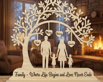 May include: A wooden family tree with the names Tom, Mary, Henry, and Laura on heart-shaped ornaments. The base reads "Family - Where Life Begins and Love Never Ends." The design includes a family silhouette and the text "SVG, AI, DXF, DWG, EPS, PDF."