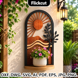 May include: An arched wall-mounted shelf featuring a wooden sun and mountain landscape design with a black metal frame and a black metal tree silhouette. A white ribbed pot containing pink flowers sits on the wooden shelf base.