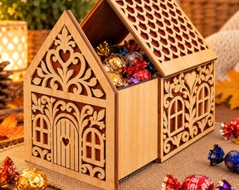 May include: A light-colored wooden house-shaped box with intricate laser-cut floral and heart patterns on the exterior. The roof features a scalloped design, and the structure is filled with various colorful foil-wrapped candies.