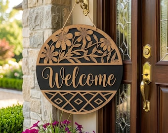Welcome Sign SVG, Layered Round Door Hanger Laser Cut File, Round door hanger svg, Floral Door Sign, Farmhouse decor, Glowforge Files, xTool