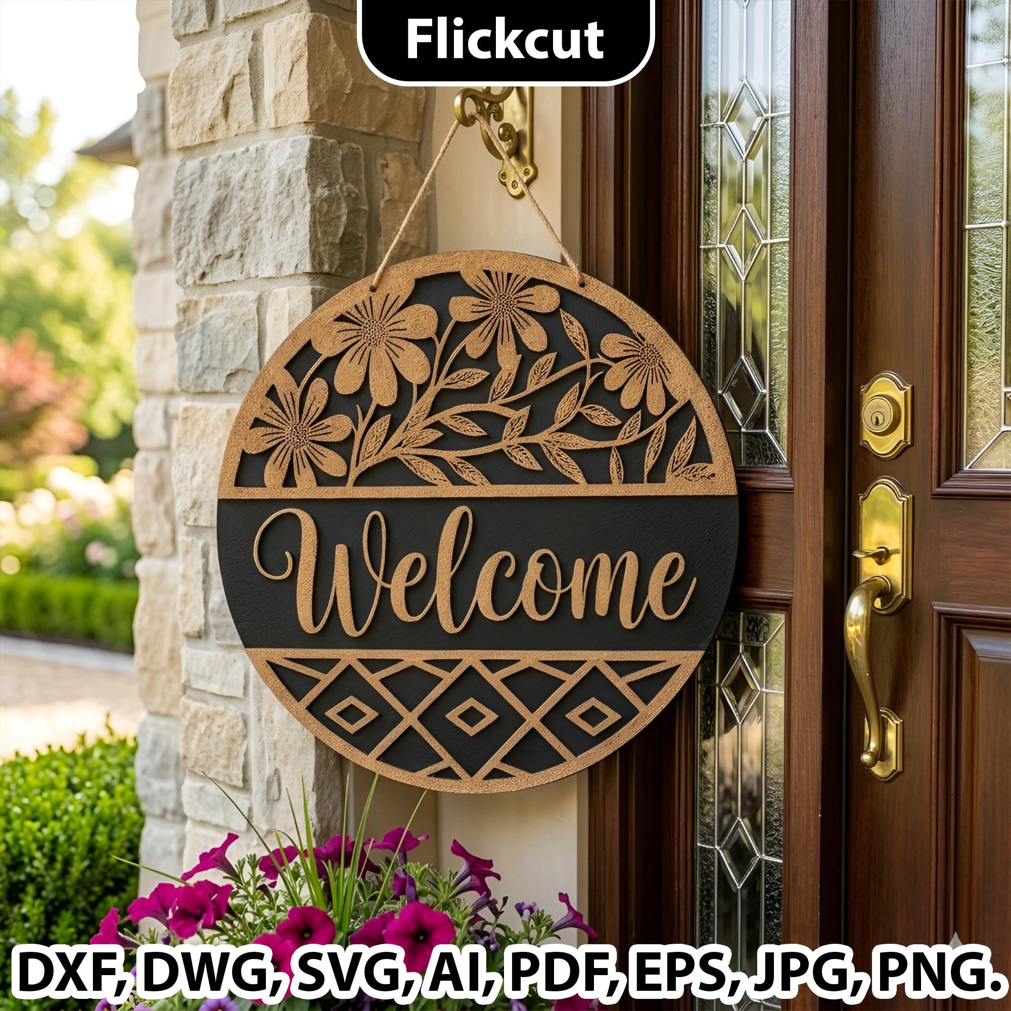 Welcome Sign SVG, Layered Round Door Hanger Laser Cut File, Round Door ...