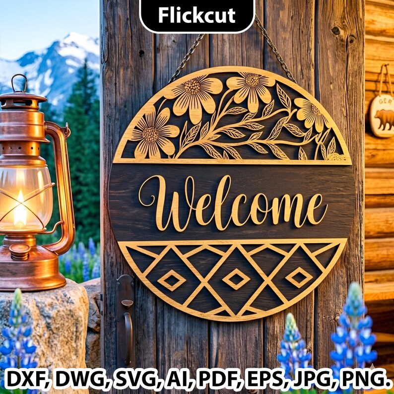 Welcome Sign SVG, Layered Round Door Hanger Laser Cut File, Round Door ...