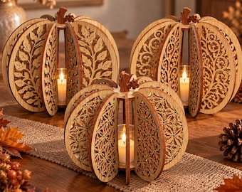 Pumpkin Candle Holder SVG, 3D Pumpkin Lantern Laser Cut File, Autumn Decor SVG, Candle Light Holder Laser Cut, Fall 3D light for Halloween