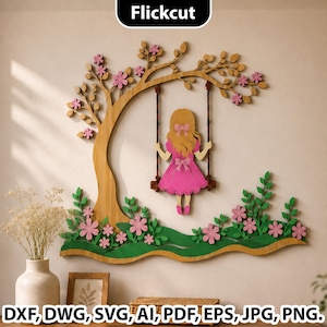 Girl on Swing Tree Wall Art SVG, Girl on Swing Tree SVG, Layered Floral Wall Art Laser Cut File, Floral Wood Wall Decor, Nursery Room Decor