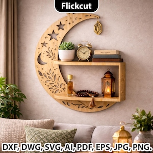 May include: A wooden crescent moon shelf with star cutouts, holding a succulent, clock, books, and a lantern. A small perfume bottle and prayer beads are also displayed. The shelf is part of a home decor theme.