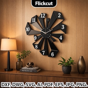 May include: A black geometric wall clock with white numerals hangs on a wood-paneled wall. The clock has a unique, abstract design with a central circular face and radiating angular elements. The image also shows a lamp, plants, and decorative items. The text "Flickcut" is at the top.