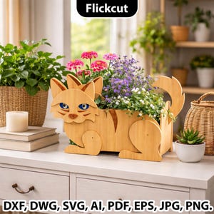 Puede incluir: Una jardinera de madera con forma de gato llena de flores coloridas. La jardinera tiene ojos azules y rayas de tigre. La imagen también incluye el texto "Flickcut" y opciones de tipo de archivo: DXF, DWG, SVG, AI, PDF, EPS, JPG, PNG.