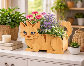 Cat Planter SVG File, Wooden Cat Flower Pot Laser Cut File, Animal Planter Box, Wooden Garden Decor, garden ornament, decorative planter
