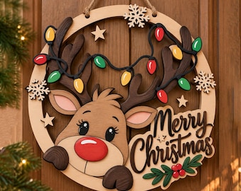 Christmas Door Hanger SVG, Merry Christmas Door Sign Laser Cut File, Christmas Welcome Sign SVG, Glowforge xTool CNC, Farmhouse Xmas Decor
