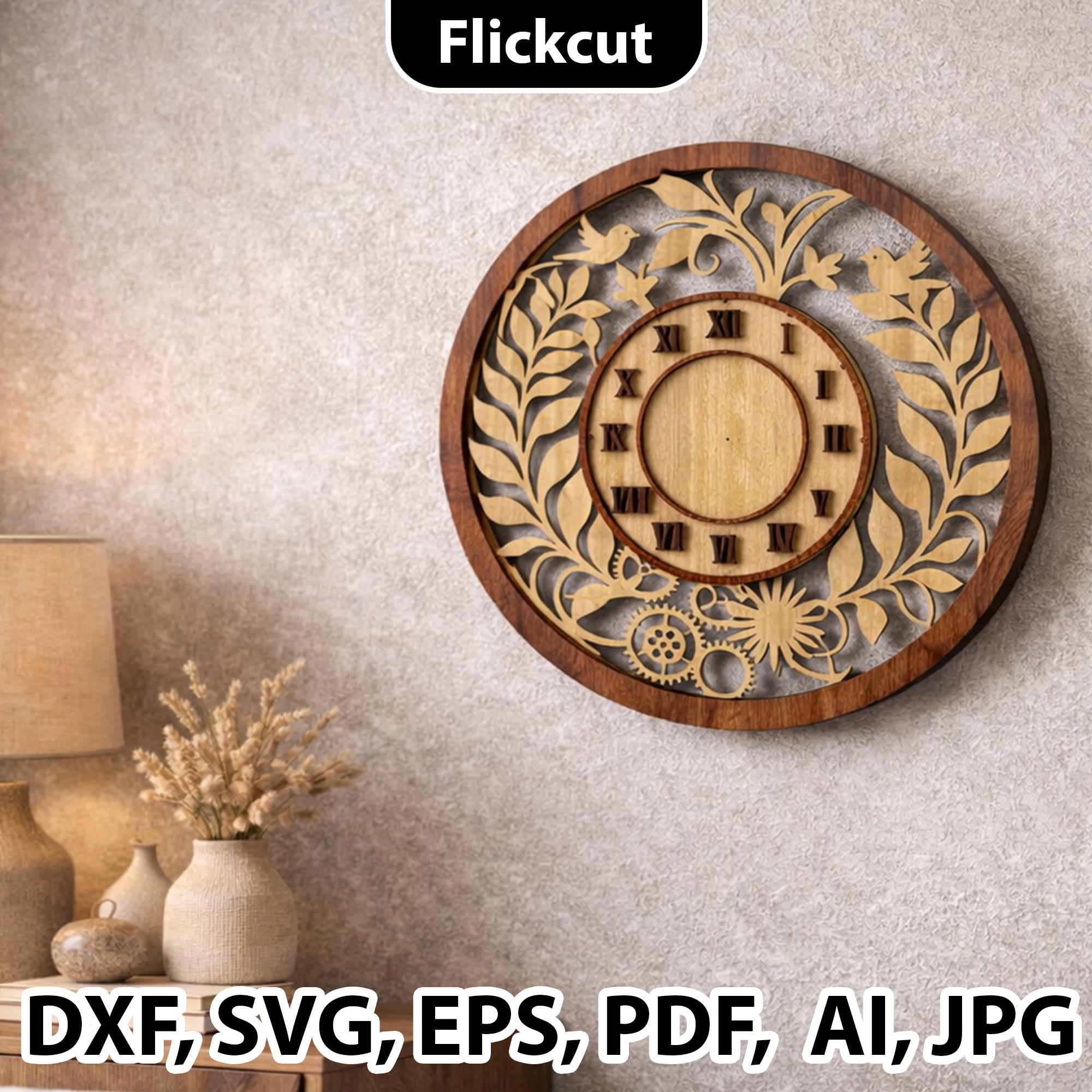 Layered Floral Wood Clock SVG Laser Cut, Wall Clock Dxf Template Wall ...