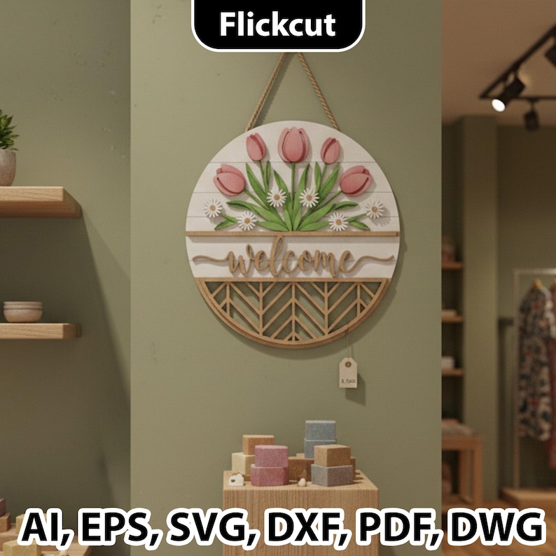 Floral Welcome Door Hanger SVG, Spring Farmhouse Decor Laser Cut File ...