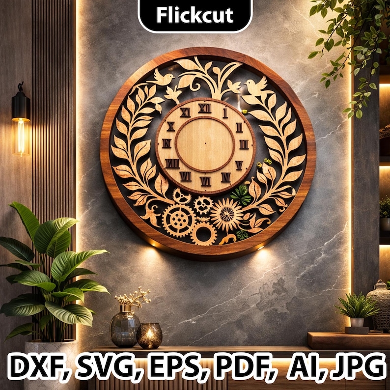Layered Floral Wood Clock SVG Laser Cut, Wall Clock Dxf Template Wall ...