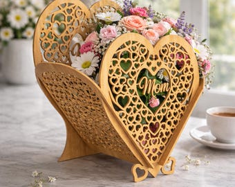 Mother’s Day Heart Basket Laser Cut File, Flower Basket Laser Cut, Mothers Day Gift For Mom SVG, wooden boho storage basket, flower box gift