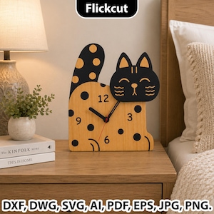 May include: A wooden cat-shaped wall clock with a natural light wood finish, black polka dot patterns, and a black cat head silhouette. The clock face features black numbers 3, 6, 9, and 12, with black hour and minute hands and a thin red second hand.