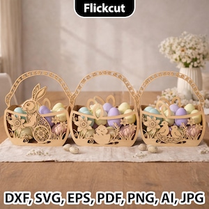 May include: Three wooden Easter baskets with decorative cutouts of a bunny, chick, and birds, each filled with pastel-colored eggs. The baskets have arched handles and floral designs. The image includes the text "Flickcut" and file type options.