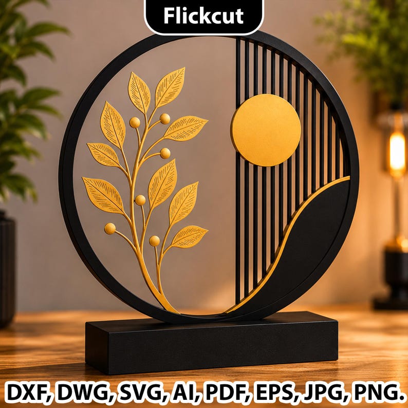 Modern round tabletop laser cut decor bundle featuring floral botanical leaves, geometric arch patterns, abstract boho elements, circular wooden display signs, elegant black and gold home decoration, SVG DXF AI EPS PDF files for Glowforge CNC Cricut laser cutting projects, minimalist shelf decor design, modern office desk ornament, layered wood craft pattern for handmade home styling, Modern Round Table Decor SVG Bundle, Boho Floral Circle Frame Laser Cut File, Wooden Desk Decor CNC Pattern