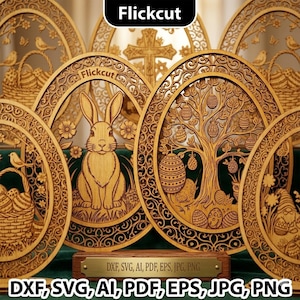 May include: Wooden Easter-themed laser-cut decorations. The designs include an Easter bunny, a tree with Easter eggs, and baskets with birds. The word "Flickcut" is visible on some of the decorations. The bottom of the image has the text "DXF, SVG, AI, PDF, EPS, JPG, PNG".