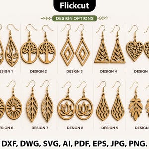 Pode incluir: Uma coleção de dez pares de brincos de madeira cortados a laser, com vários designs, incluindo folhas, árvores, losangos, triângulos e corações. Cada par é numerado. Formatos de arquivo disponíveis: DXF, DWG, SVG, AI, PDF, EPS, JPG, PNG.