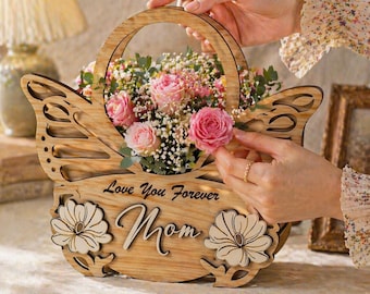 Mother's day bag gift SVG, 3D Flower basket laser cut file, Wooden purse for women, Mom Gift Basket Template, 3D Wooden gift bags flower box