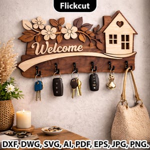 Welcome Key Holder Laser Cut File, 3d Wooden Key Holder SVG, Entryway Wall Organizer, House Key Holder, keychain rack with hooks, wall decor