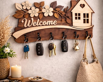 Welcome Key Holder Laser Cut File, 3d Wooden Key Holder SVG, Entryway Wall Organizer, House Key Holder, keychain rack with hooks, wall decor