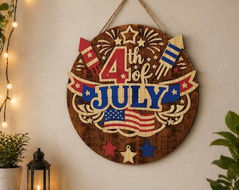 4th of July Laser Cut File, Patriotic Wooden Wall Decor, Independence Day Sign, Patriotic Round Sign SVG, 4th of July Door Hanger, Glowforge