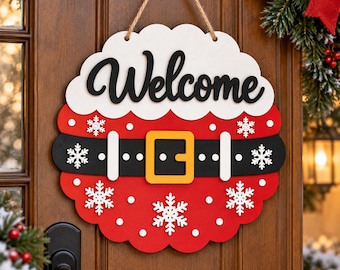 Christmas Welcome Door Hanger SVG, Round Welcome Sign Laser Cut Files, Farmhouse Holiday Signs, Festive Door Hanger, Winter Door Hanger Sign