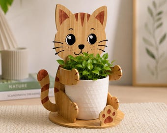Cute Cat Planter Holder SVG, Wooden Cat Plant Stand Laser Cut File, Flower Pot Holder CNC Glowforge File, Digital Download