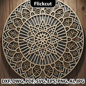 Könnte beinhalten: Ein rundes, mehrschichtiges Holzmandala mit detailliertem floralem Design. Das Mandala hat eine zentrale Blütenform, die von komplizierten Mustern und ausgeschnittenen Details umgeben ist. Der Text "Flickcut" befindet sich oben, und Dateityp-Abkürzungen sind unten.